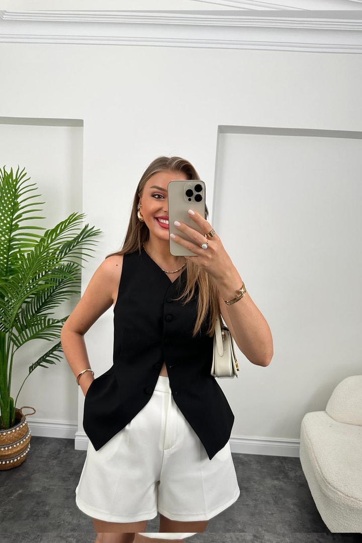 Massi Model İnce Keten Astarlı Yelek Siyah