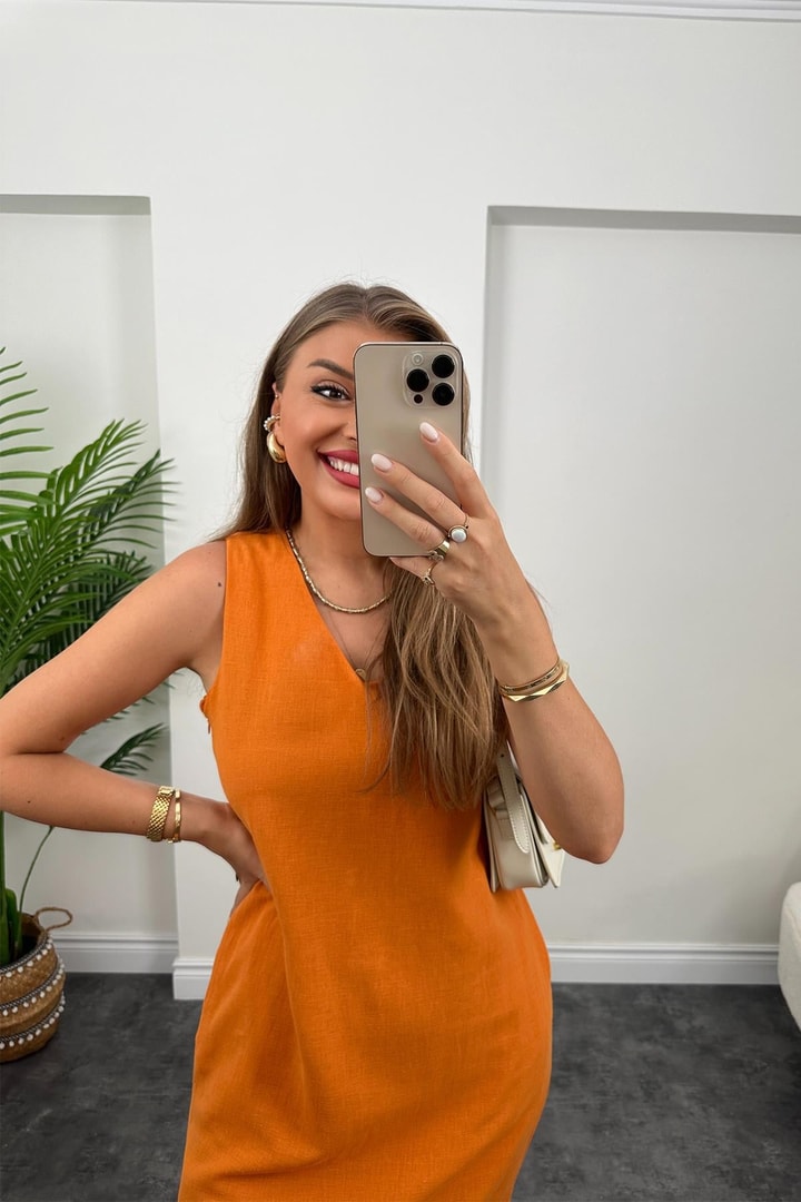 Massi Model Maxi Keten Elbise Oranj