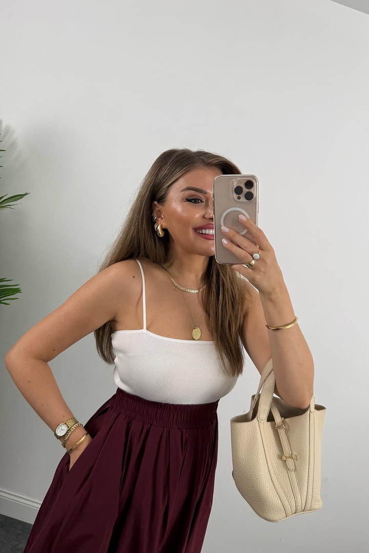 Maxi Boy Beli Kalın Lastikli Basic Kloş Poplin Etek Bordo