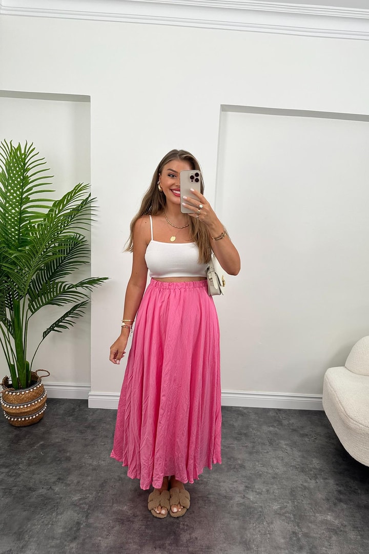 Maxi Boy Beli Lastikli Uçuş Etek Pembe