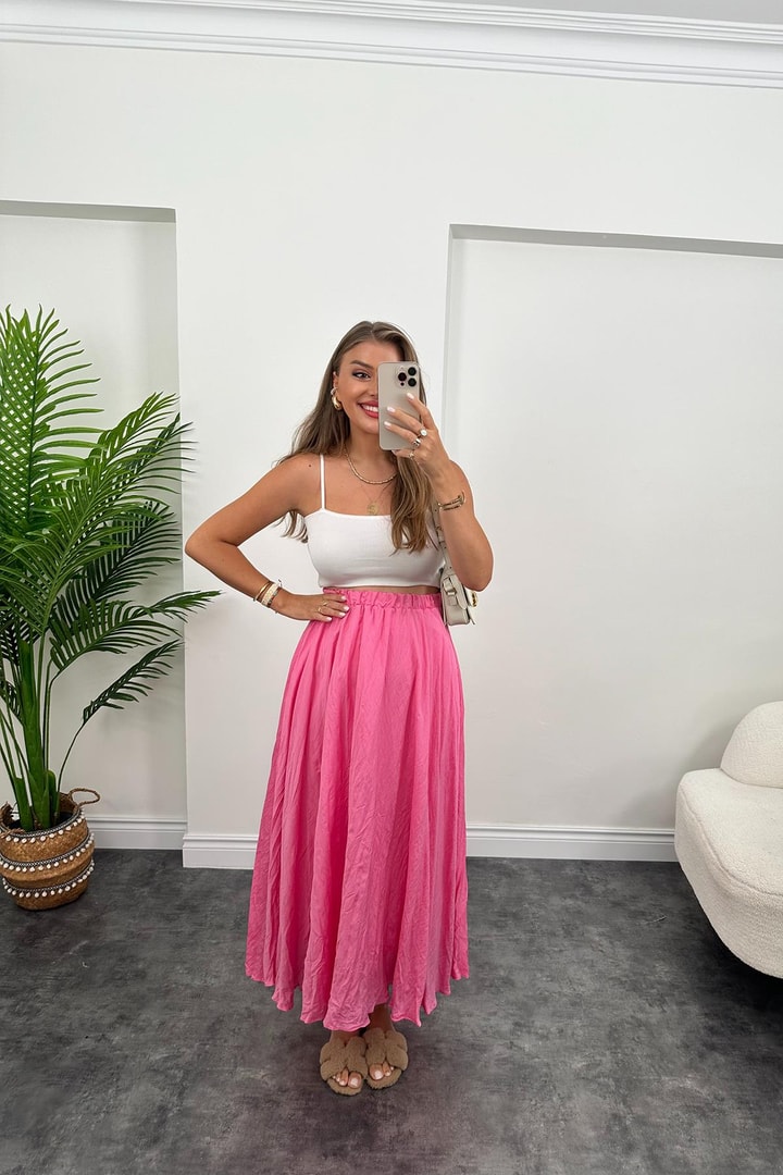 Maxi Boy Beli Lastikli Uçuş Etek Pembe