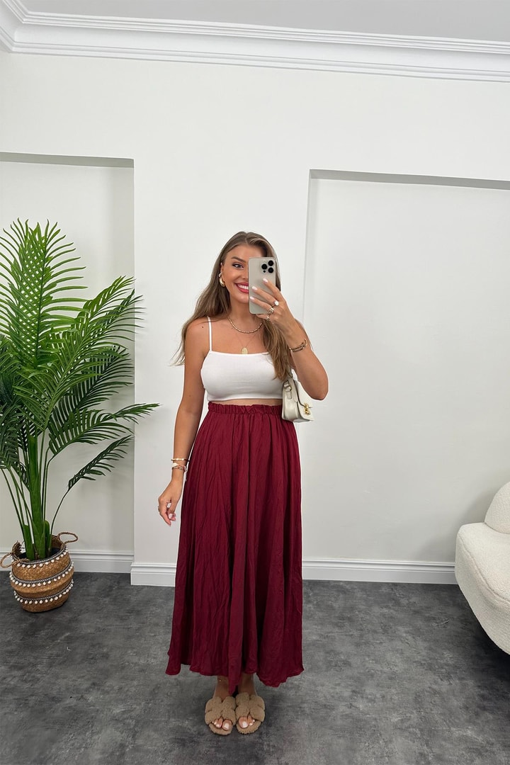 Maxi Boy Beli Lastikli Uçuş Etek Vişne