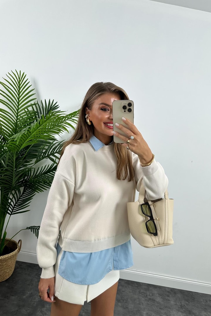 Mng Model Gömlekli Tasarım Triko Krem Mavi