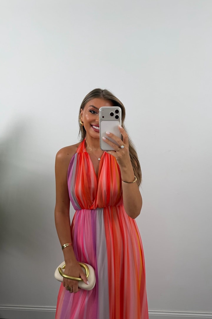 Mng Model Tasarım Renkli Maxi Tül Elbise