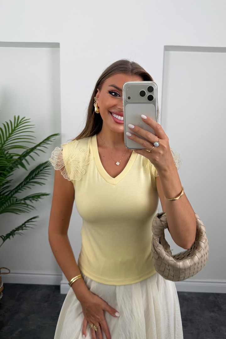 Omuzu Dantelli Oyhs Kumaş Likralı Body Sarı
