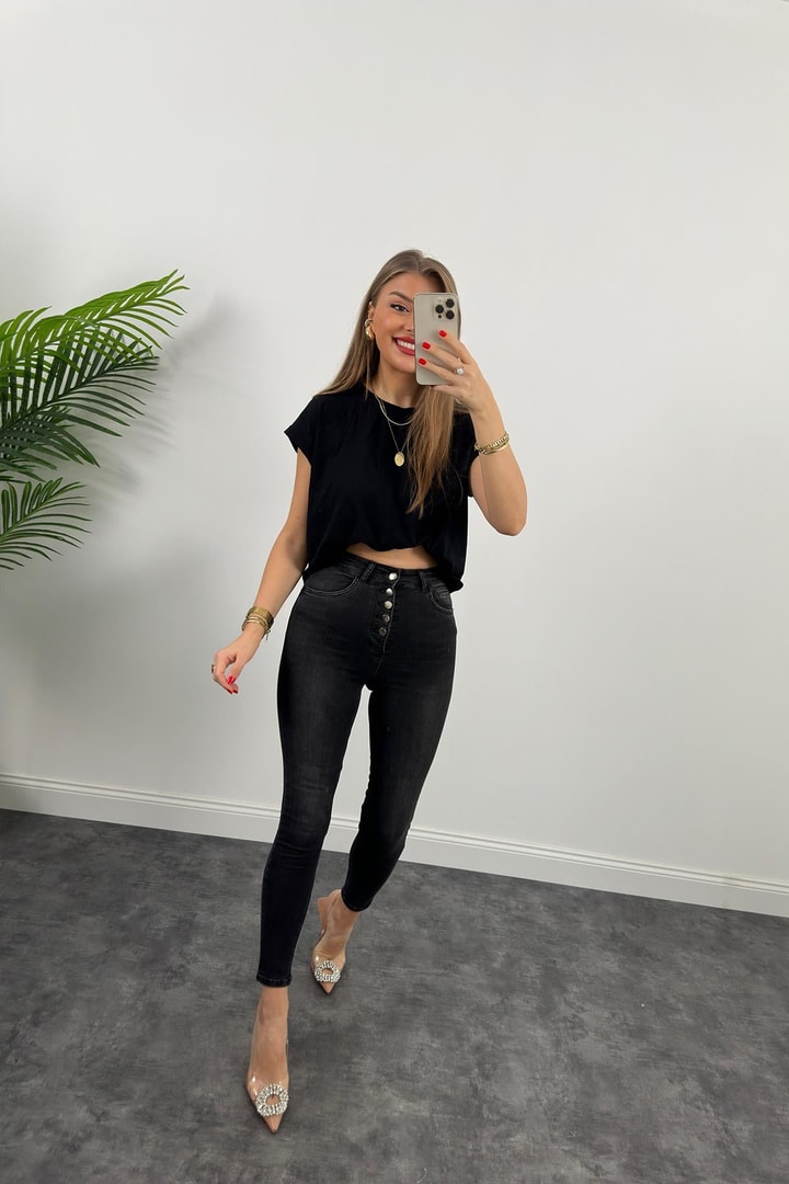 Orjinal Marka Likralı Toparlayıcı Düğmeli Skinny Jean Antrasit