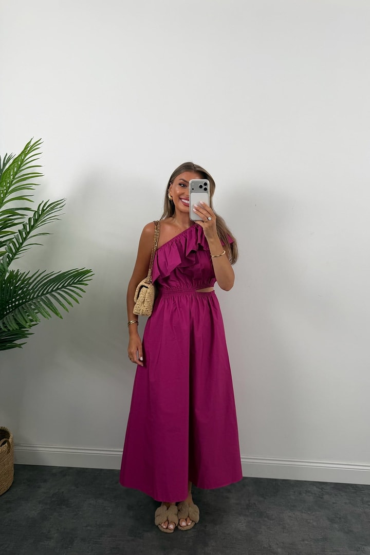 Orjinal Marka Mng Tek Omuz Maxi Kloş Elbise Fuşya