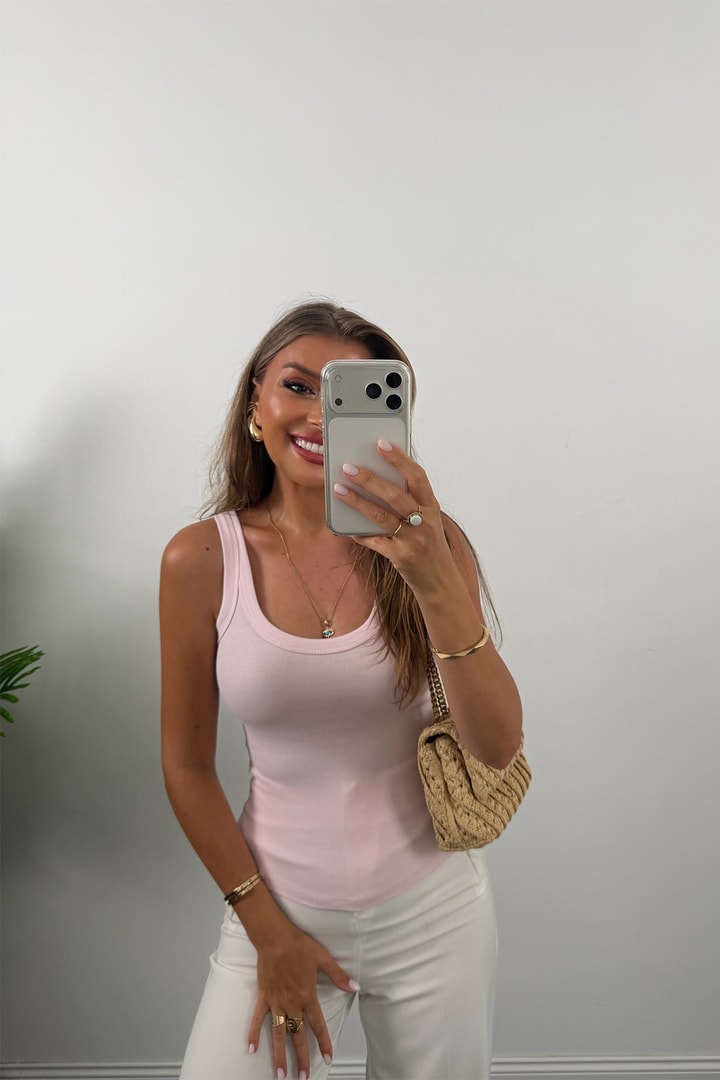Orjinal Marka Tam Pamuklu U Yaka Basic Atlet Pastel Pembe