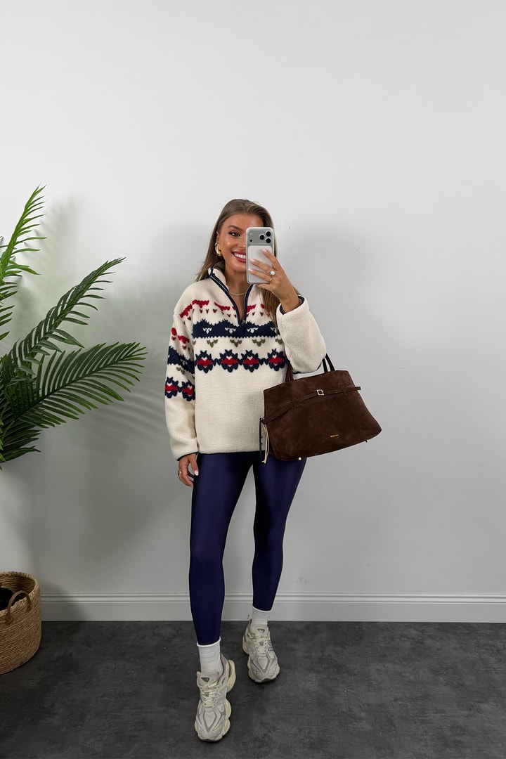 Oysh Model Lacivert Retro Desenli Polar Sweat