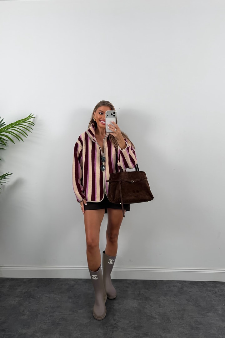 Oysh Model Polar Ceket Bordo Pembe Çizgili