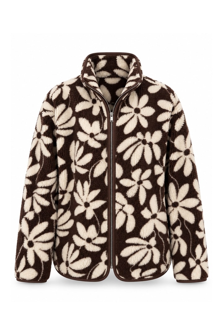 Oysh Model Polar Ceket Kahve Krem Çiçekli