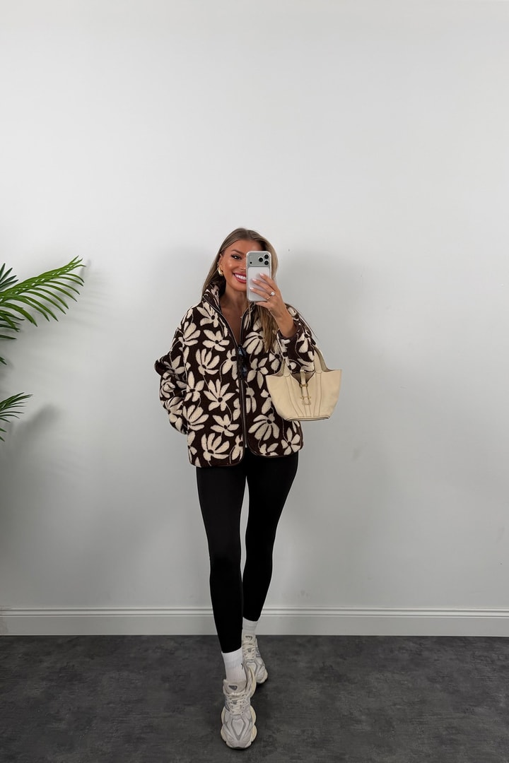 Oysh Model Polar Ceket Kahve Krem Çiçekli