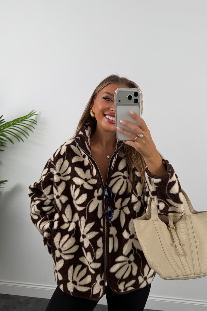Oysh Model Polar Ceket Kahve Krem Çiçekli