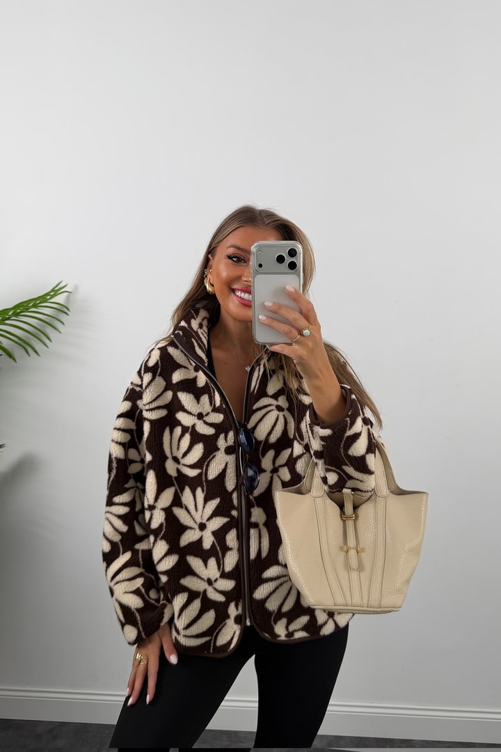 Oysh Model Polar Ceket Kahve Krem Çiçekli