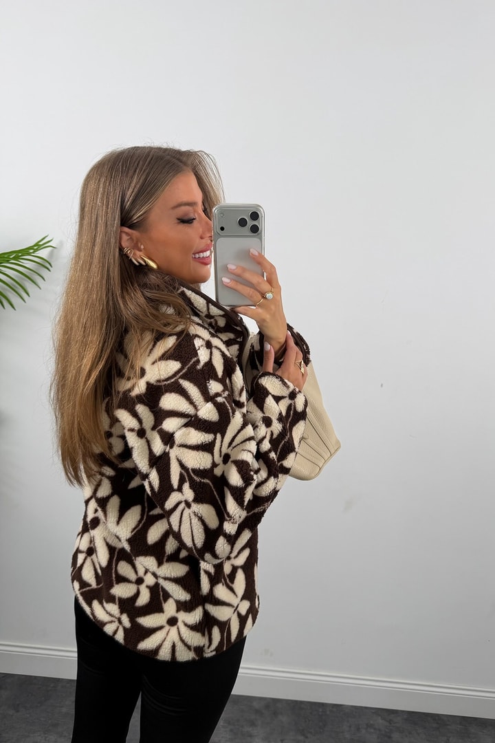 Oysh Model Polar Ceket Kahve Krem Çiçekli
