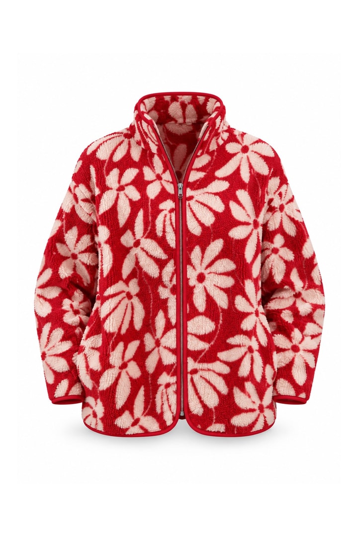 Oysh Model Polar Ceket Kırmızı Krem Çiçekli