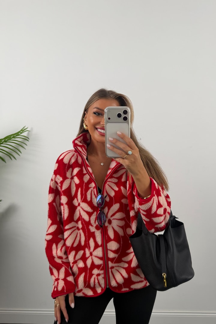 Oysh Model Polar Ceket Kırmızı Krem Çiçekli