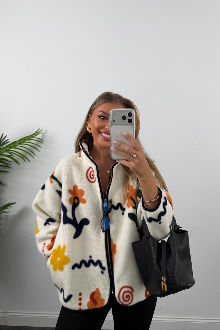 Oysh Model Polar Ceket Krem Renkli Çiçekli