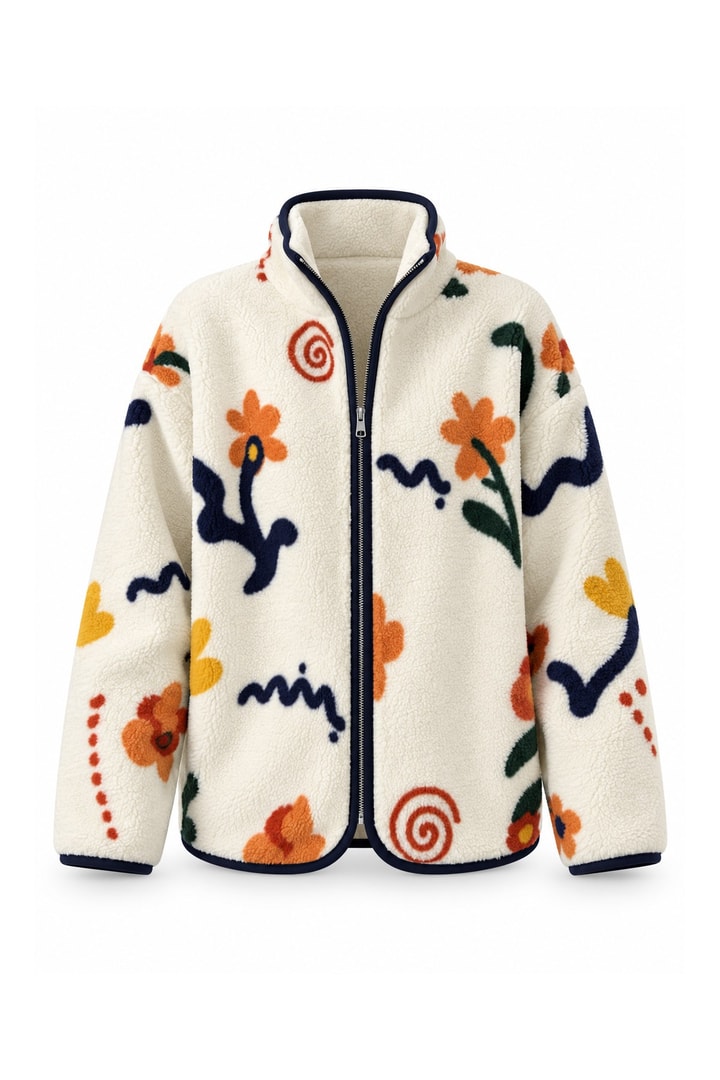 Oysh Model Polar Ceket Krem Renkli Çiçekli