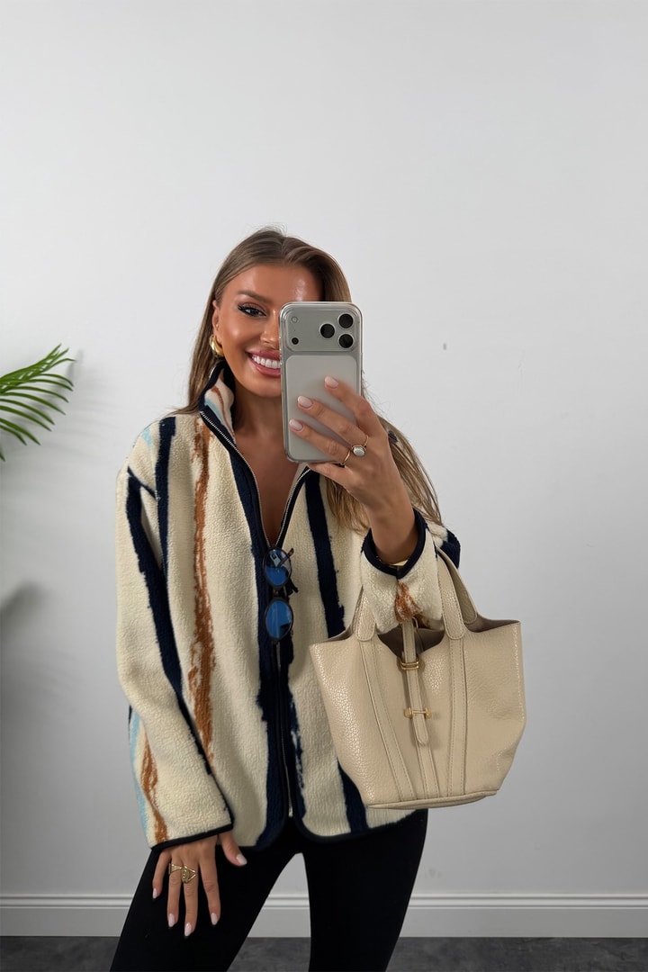 Oysh Model Polar Ceket Lacivert Camel Çizgili