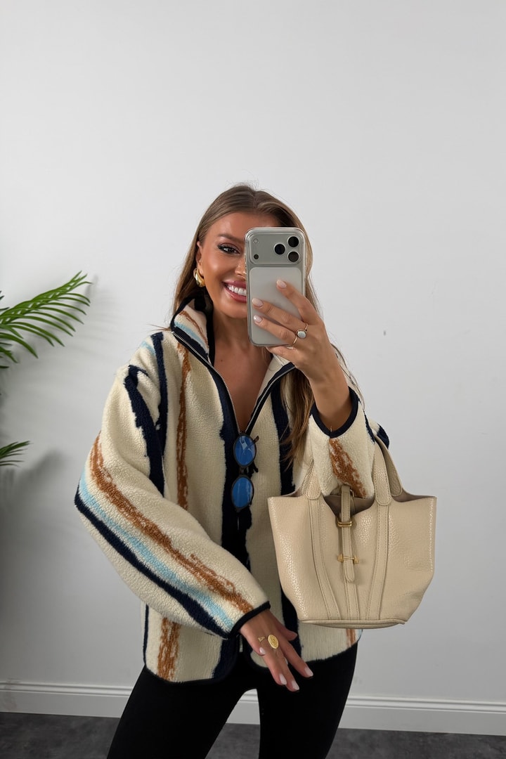 Oysh Model Polar Ceket Lacivert Camel Çizgili