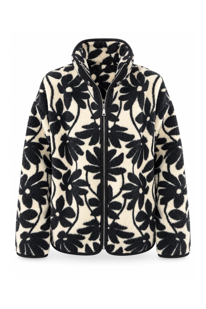 Oysh Model Polar Ceket Siyah Krem Çiçekli