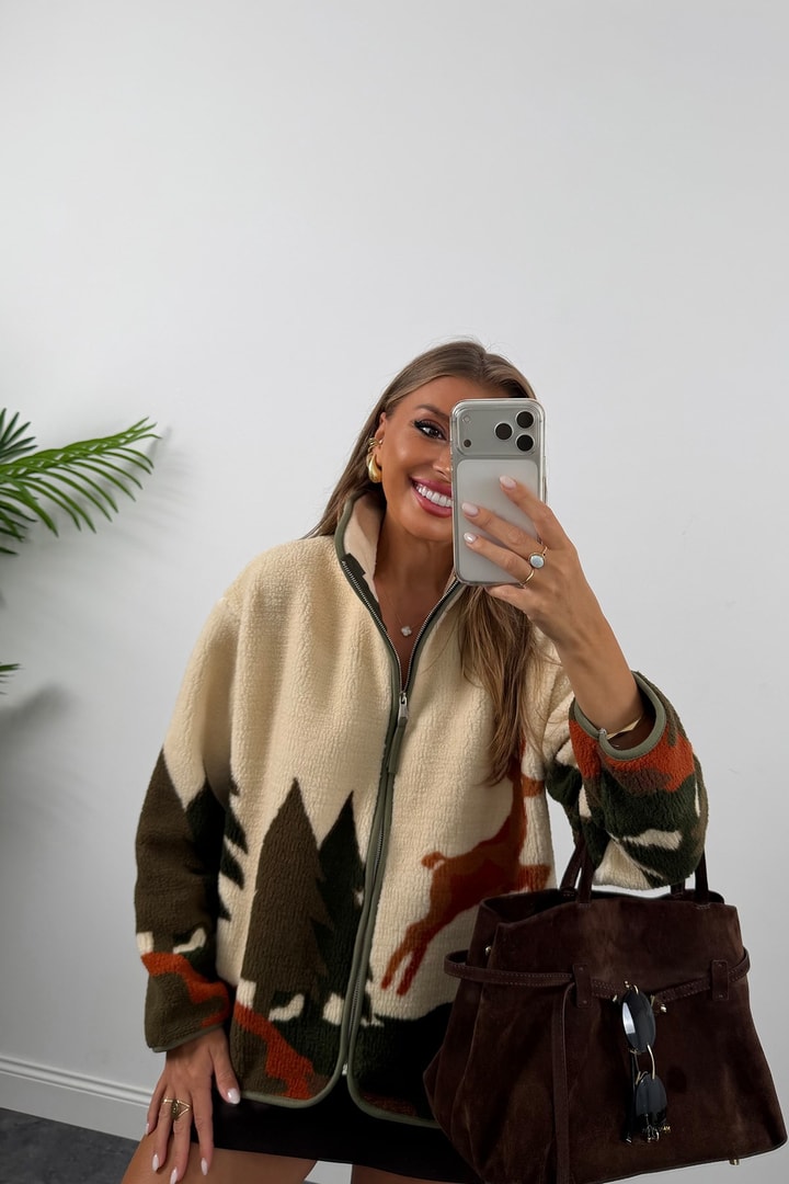 Oysh Model Polar Ceket Tek Geyikli Ağaçlı