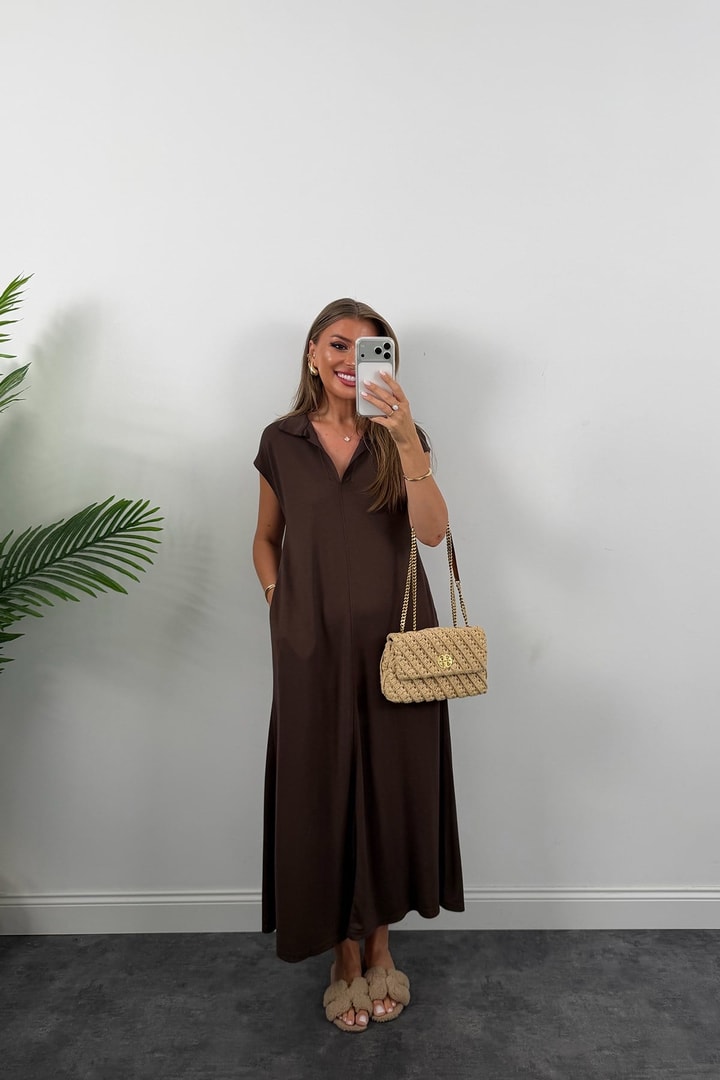 Oysh Pike Kumaş Polo Yaka Basic Salaş Elbise Kahverengi