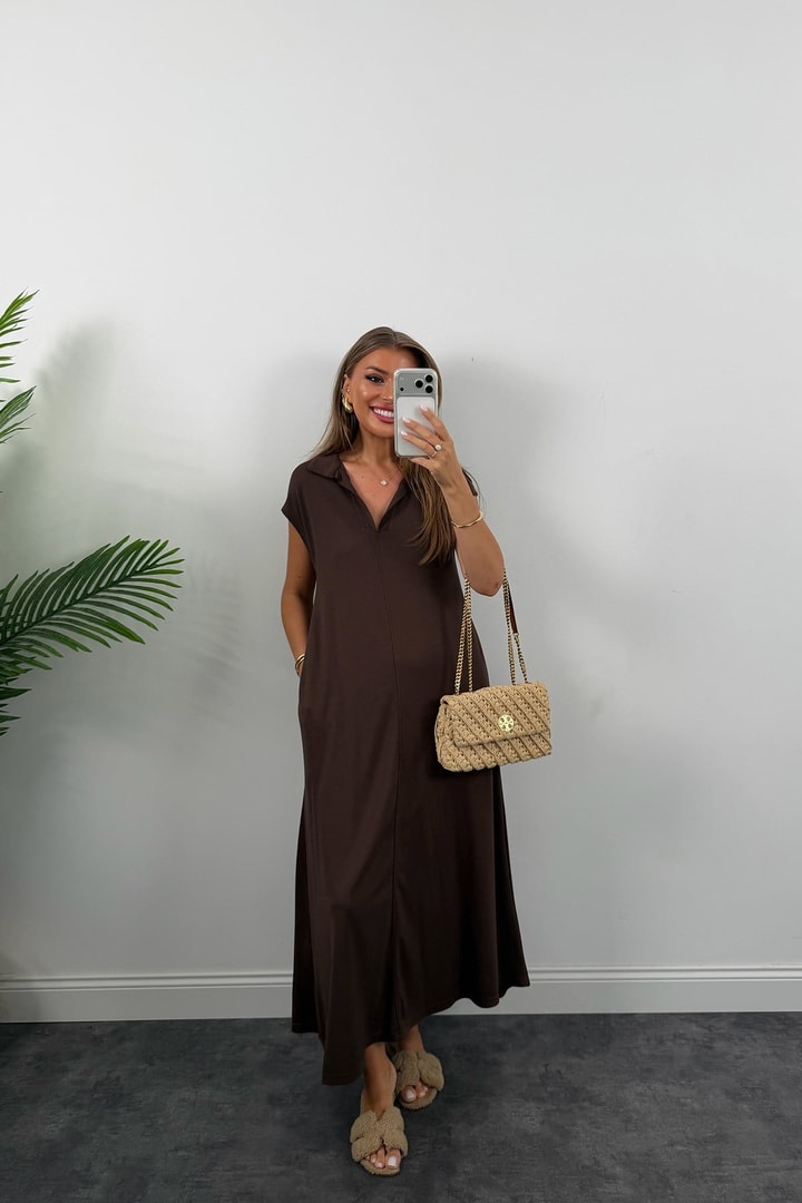 Oysh Pike Kumaş Polo Yaka Basic Salaş Elbise Kahverengi