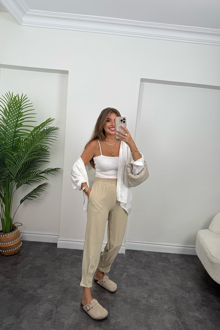 Paçası Pensli Aerobin Jogger Pantolon Taş