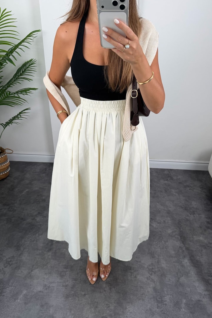 Pamuk Poplin Maxi Boy Basic Etek Krem