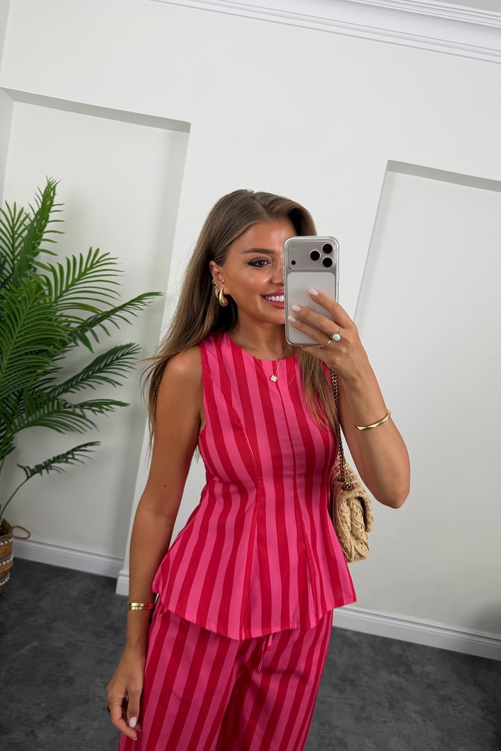 Pembe Çizgili Palazzo Bluz Peplum Takım