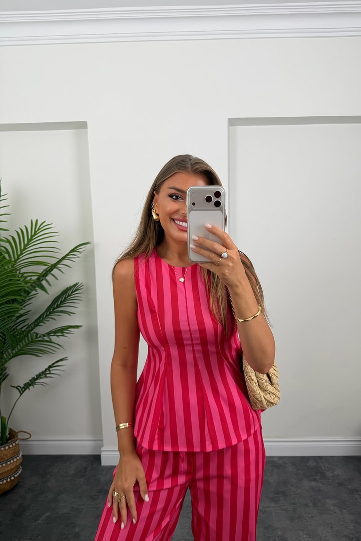 Pembe Çizgili Palazzo Bluz Peplum Takım