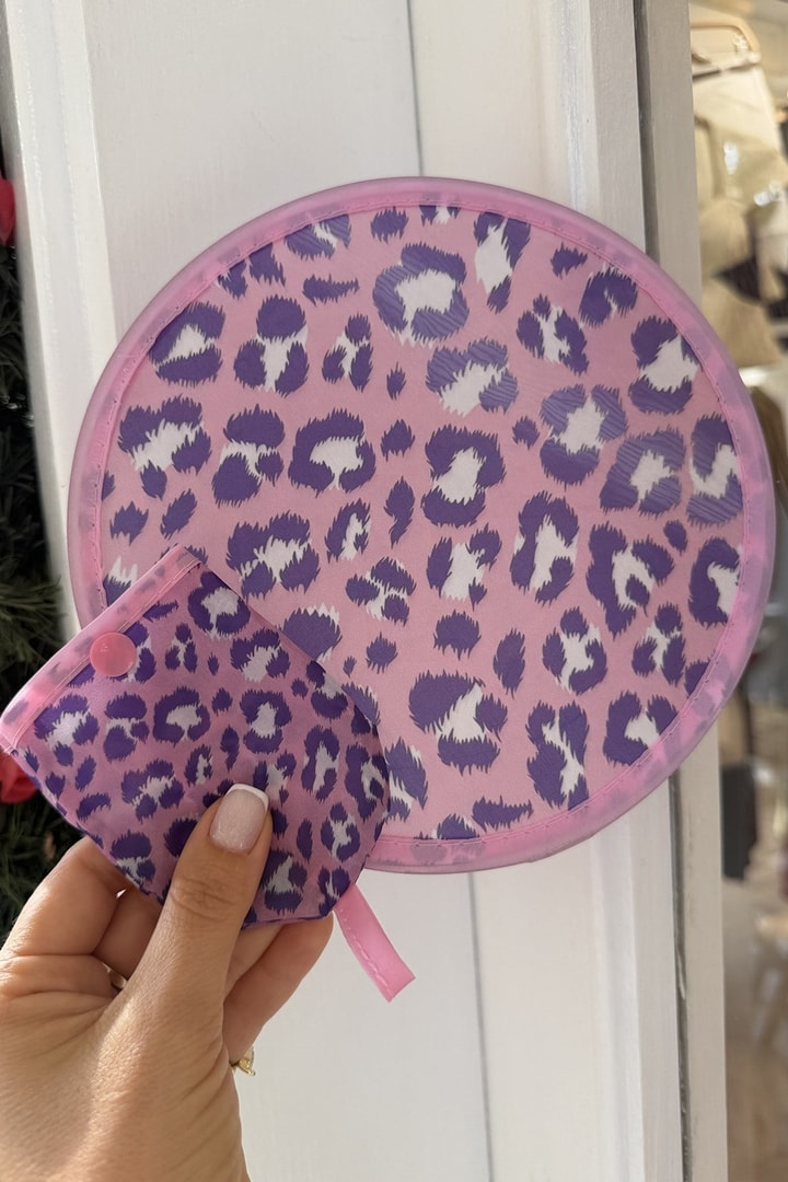 Pembe Leopar Katlabilir Çantalı Yelpaze