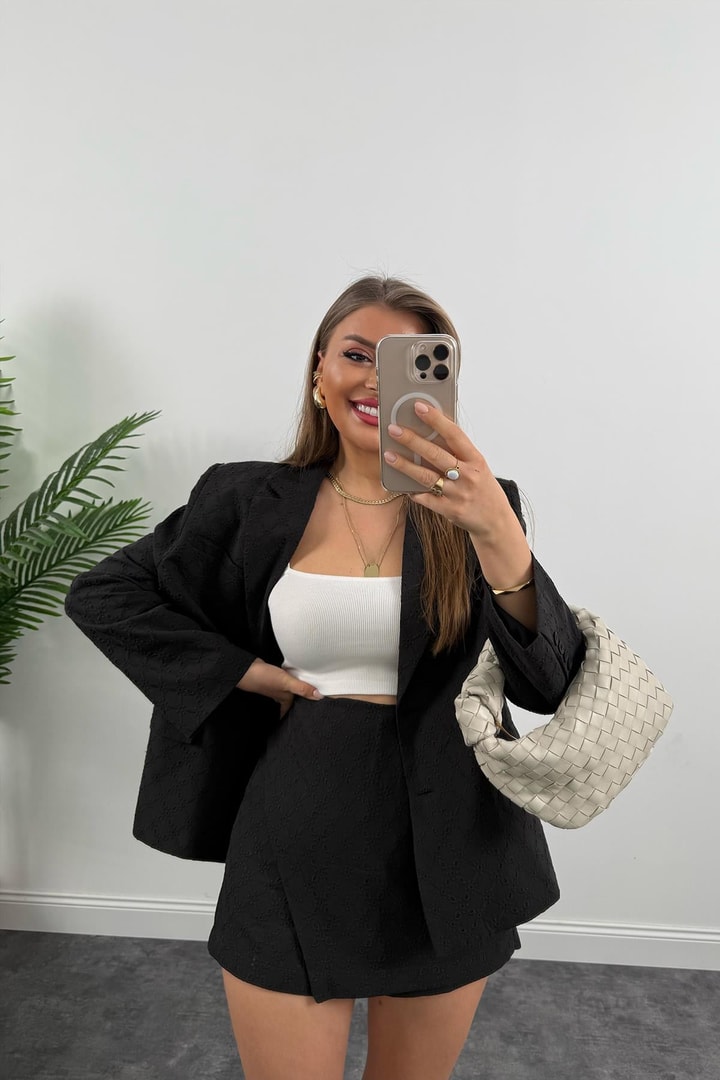 Perry Premium Fisto Nakışlı Şort Etek Blazer Ceket Takım Siyah