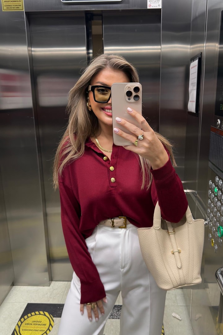 Polo Yaka Gold Düğmeli Basic Triko Bordo