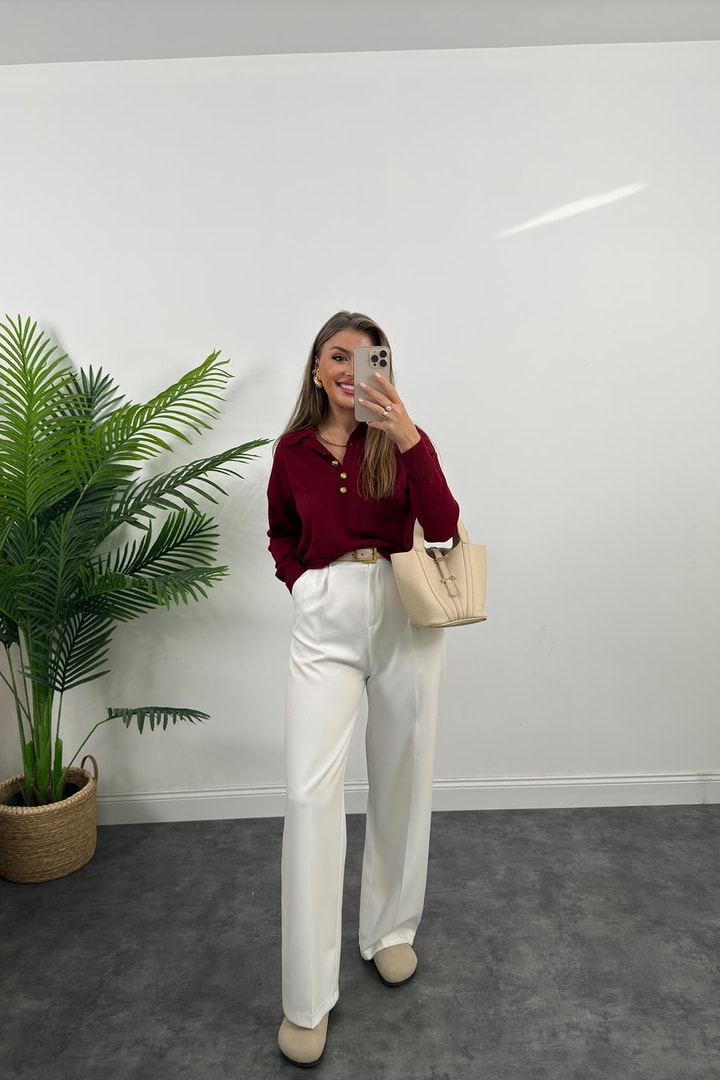Polo Yaka Gold Düğmeli Basic Triko Bordo