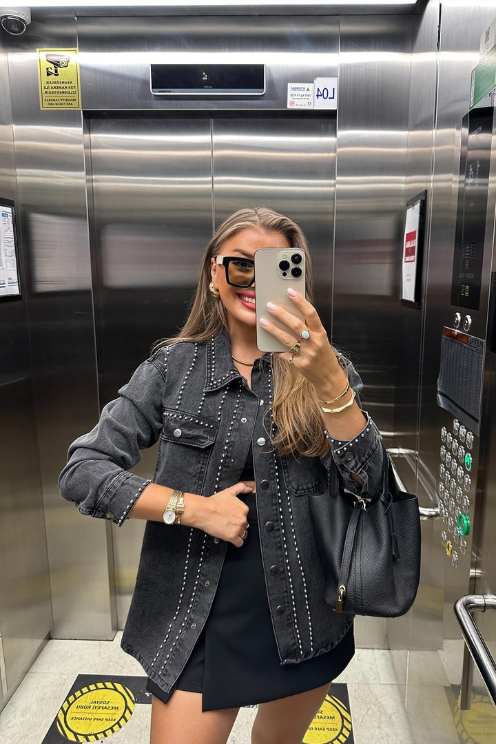 Premium Jean Seri Zımbalı Tasarım Jean Ceket Antrasit