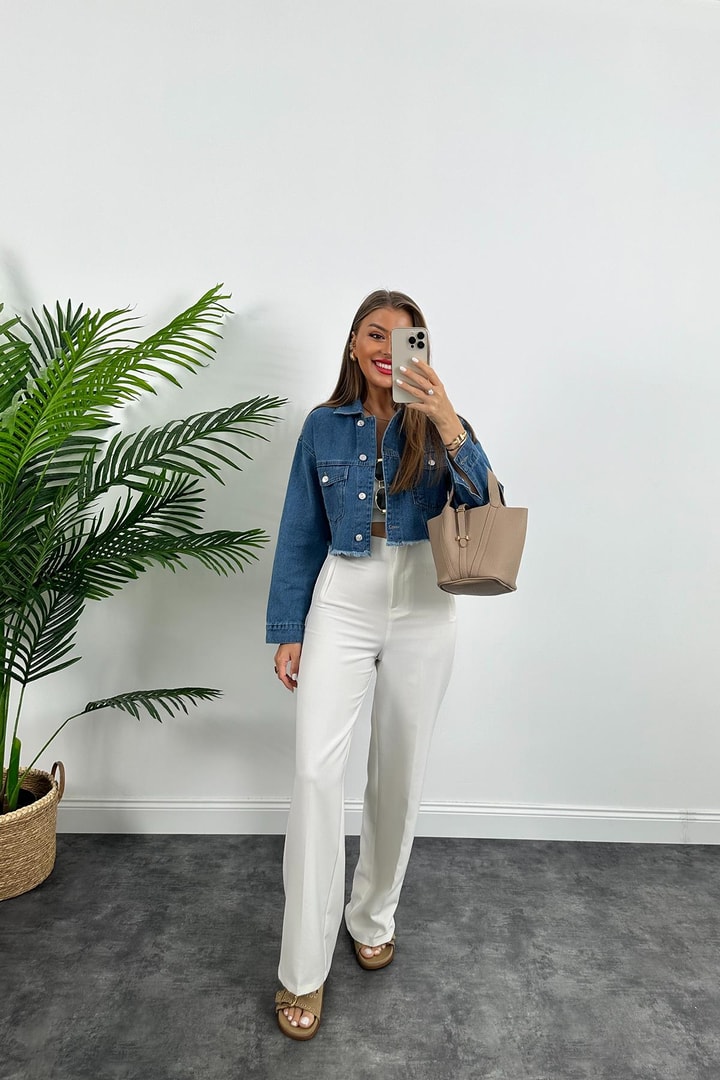 Premium Kalite %100 Pamuklu Basic Jean Ceket Mavi