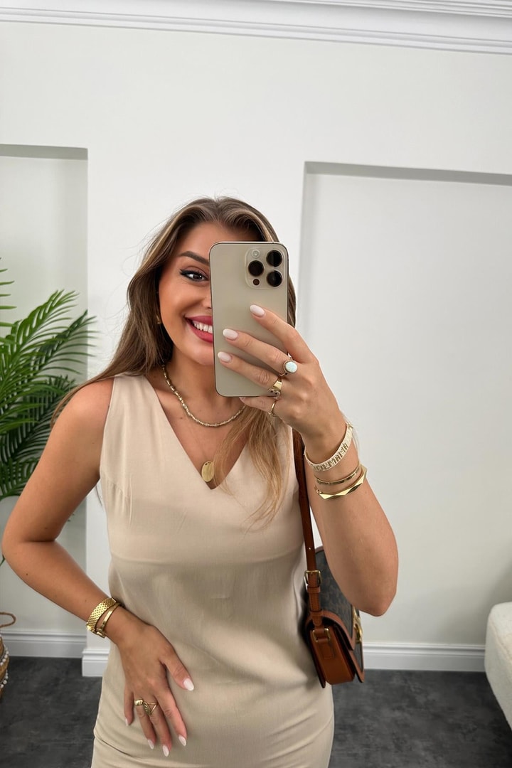 Premium Kalite 4 Mevsim Basic Tensel Elbise Taş