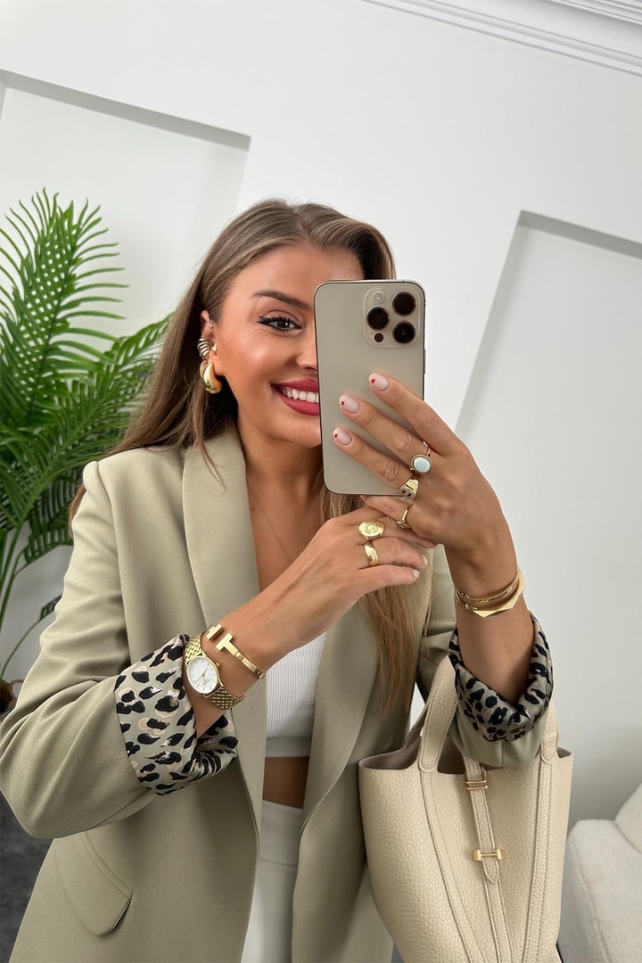 Premium Kalite Leopar Astarlı Double Kumaş Blazer Ceket Haki 