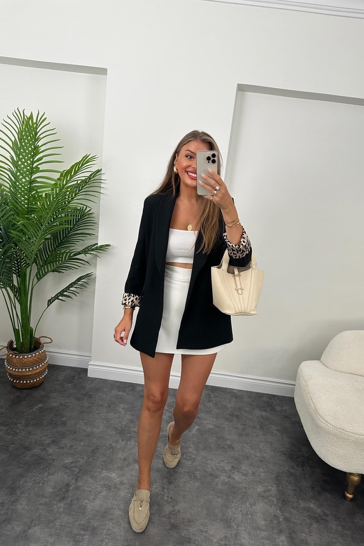 Premium Kalite Leopar Astarlı Double Kumaş Blazer Ceket Sıyah    
