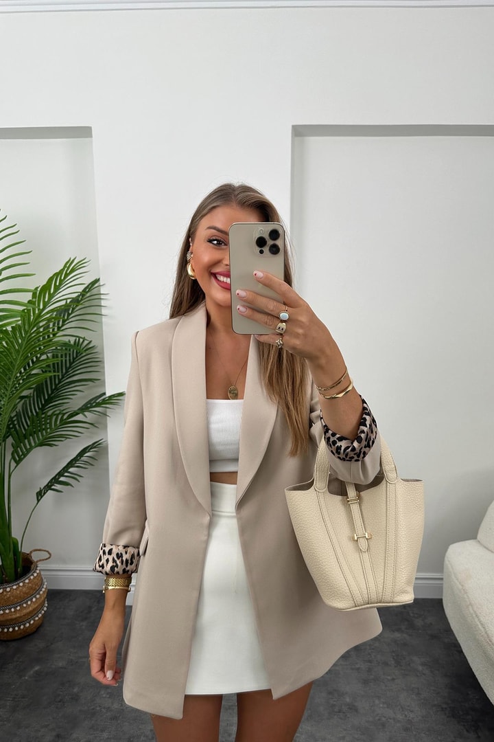 Premium Kalite Leopar Astarlı Double Kumaş Blazer Ceket Taş 