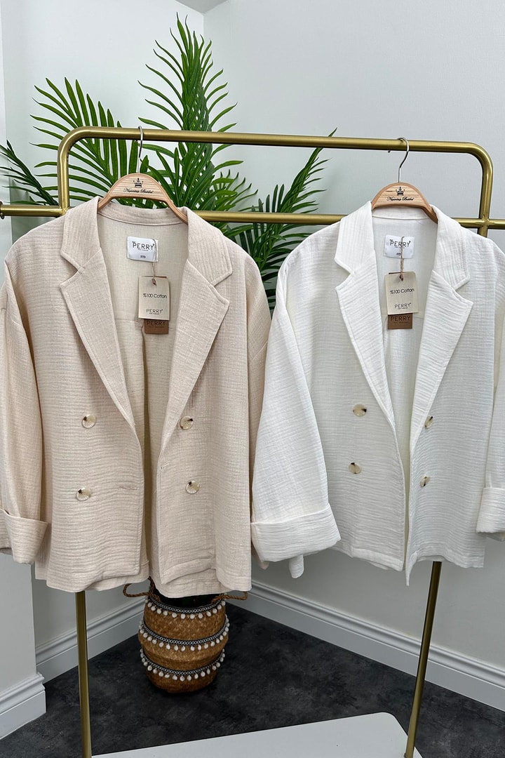 Premium Kalite Naturel Kumaş Blazer Ceket Beyaz