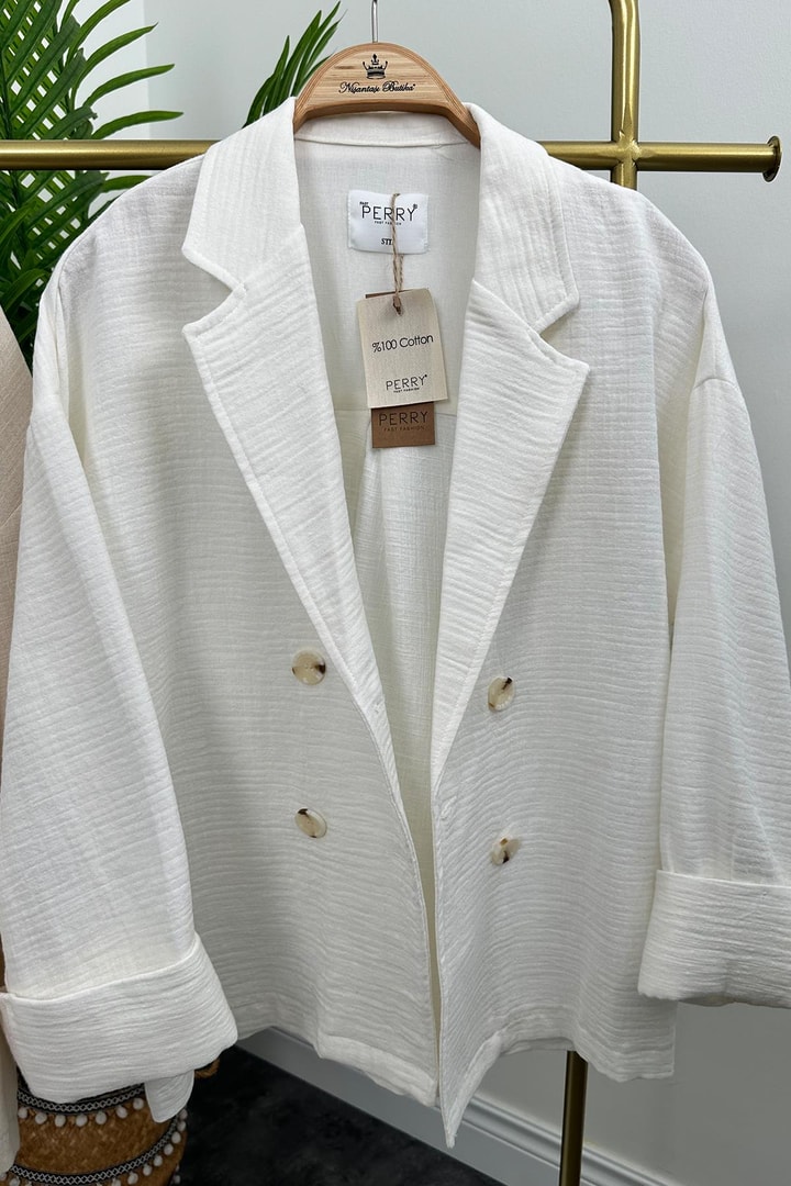 Premium Kalite Naturel Kumaş Blazer Ceket Beyaz