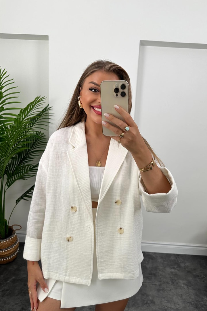 Premium Kalite Naturel Kumaş Blazer Ceket Beyaz