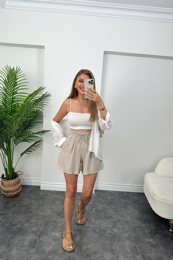 Premium Kalite Şehir Boy Basic Keten Şort Taş