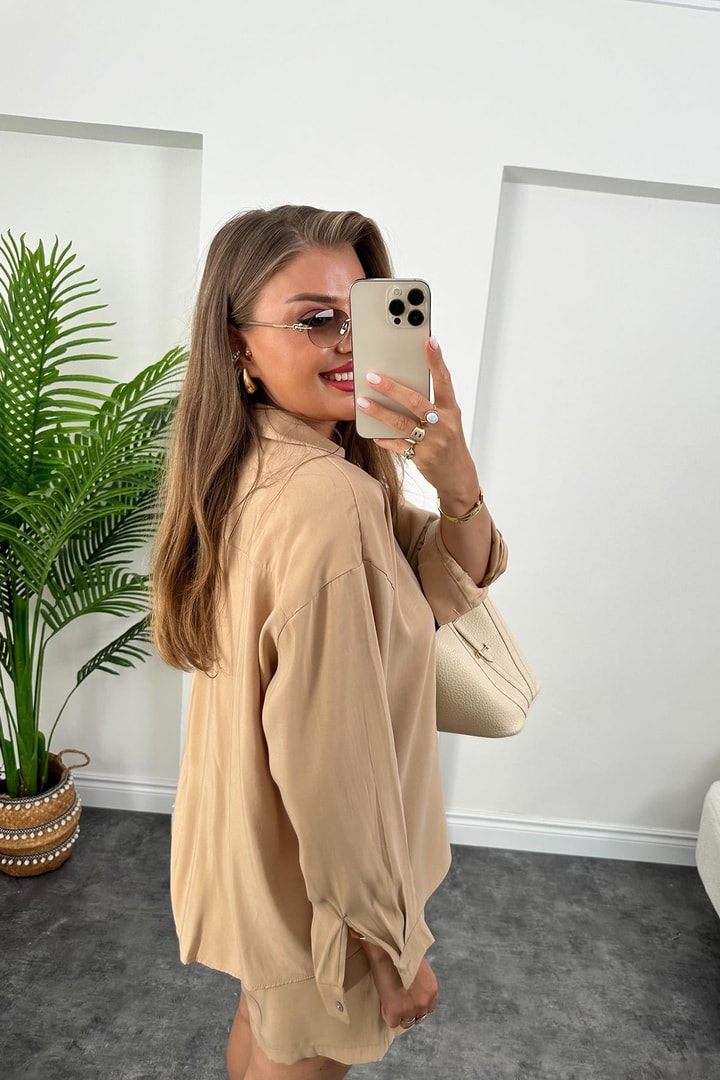 Premium Kalite Tensel Modal Kumaş Şort Gömlek Takım Soft Camel