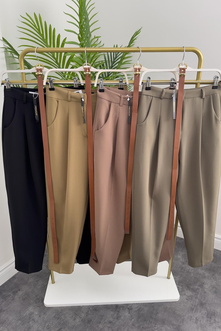 Premium Kalite Tok Kumaş Kemerli Havuç Pantolon Olive 