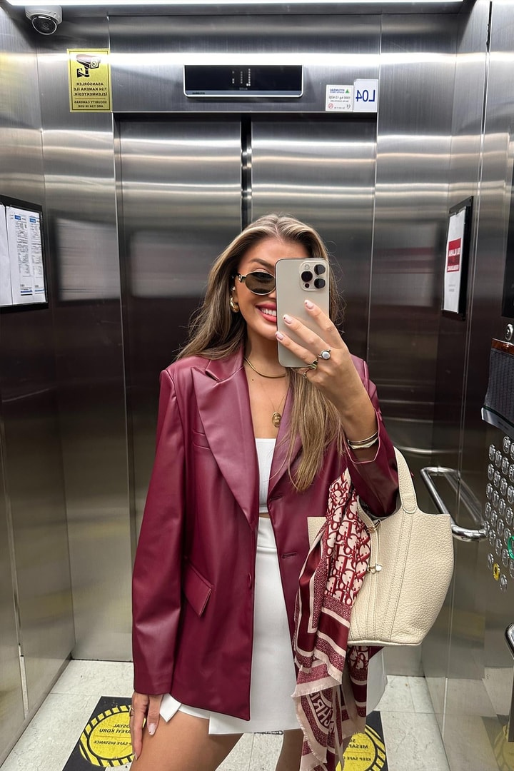 Premium Kalite Yumuşak Kumaş Vegan Deri Blazer Ceket Bordo